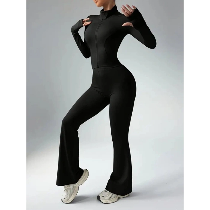 MARSiLYAN- Kadın Uzun Kollu önden Fermuarlı Kısa Dalgıç Bluz Ve Pantolon Ikili Takım