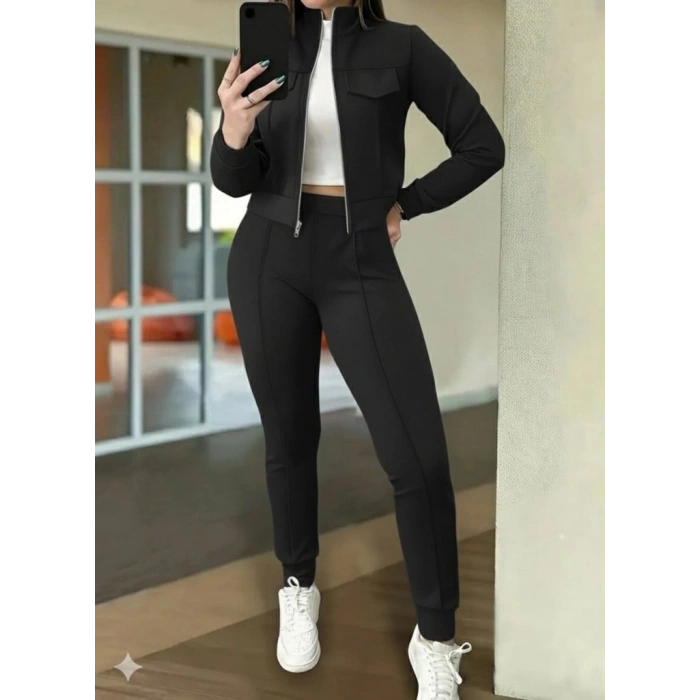 MARSiLYAN- Kadın Uzun Kollu önden Fermuarlı Kısa Modal Ceket Ve Pantolon Ikili Takım