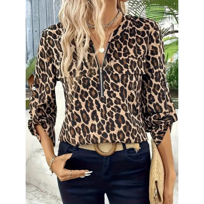 MARSiLYAN- Kadın Uzun Kollu önden Fermuarlı Leopar Desenli Modal Bluz