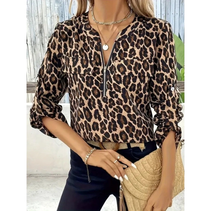 MARSiLYAN- Kadın Uzun Kollu önden Fermuarlı Leopar Desenli Modal Bluz
