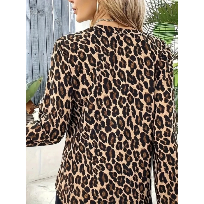 MARSiLYAN- Kadın Uzun Kollu önden Fermuarlı Leopar Desenli Modal Bluz