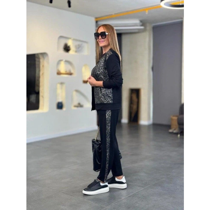 MARSiLYAN- Kadın Uzun Kollu önden Fermuarlı Leopar Desenli Viskon Iki Iplik Bluz Ve Pantolon Ikili Takım