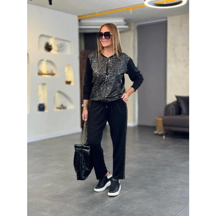 MARSiLYAN- Kadın Uzun Kollu önden Fermuarlı Leopar Desenli Viskon Iki Iplik Bluz Ve Pantolon Ikili Takım