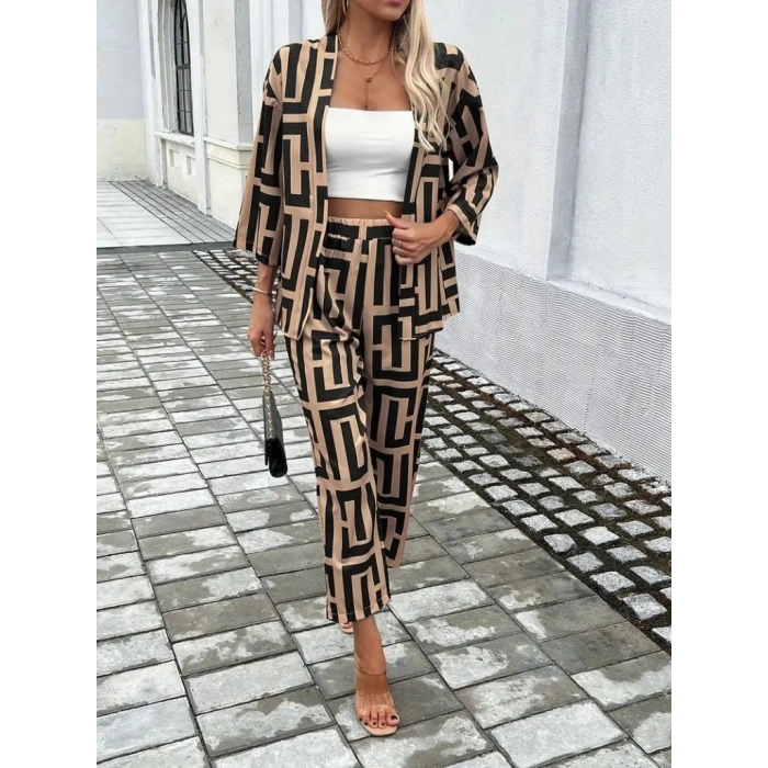 MARSiLYAN- Kadın Uzun Kollu önü Açık Desenli Iki Iplik Ceket Ve Pantolon Ikili Takım