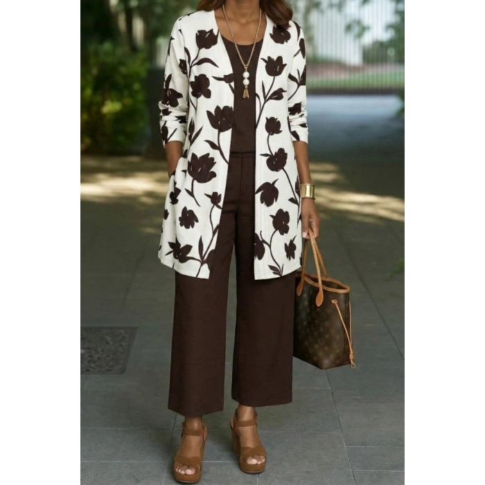 MARSiLYAN- Kadın Uzun Kollu önü Açık Modal Ceket Kolsuz Viskon Iki Iplik Bluz Ve Pantolon üçlü Takım