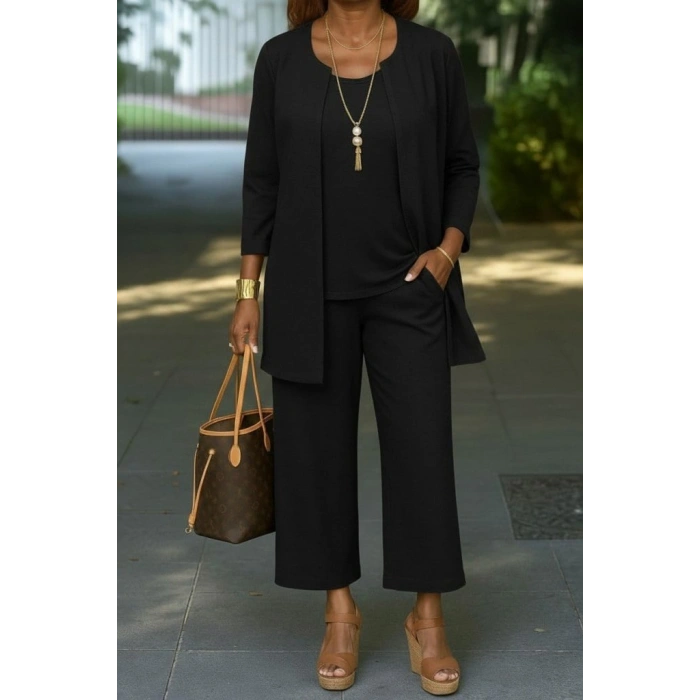 MARSiLYAN- Kadın Uzun Kollu önü Açık Modal Ceket Kolsuz Viskon Iki Iplik Bluz Ve Pantolon üçlü Takım