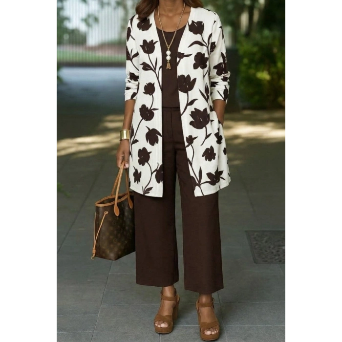 MARSiLYAN- Kadın Uzun Kollu önü Açık Modal Ceket Kolsuz Viskon Iki Iplik Bluz Ve Pantolon üçlü Takım