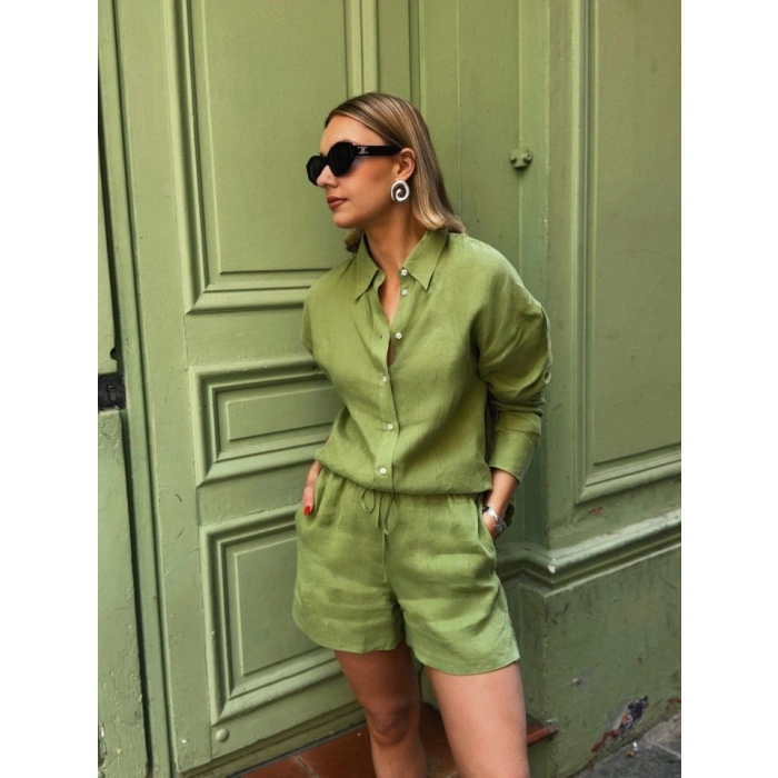 MARSiLYAN- Kadın Uzun Kollu Salaş Gömlek Ve şort Keten Ikili Takım