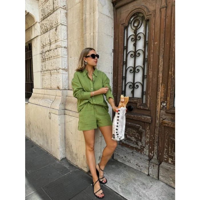 MARSiLYAN- Kadın Uzun Kollu Salaş Gömlek Ve şort Keten Ikili Takım