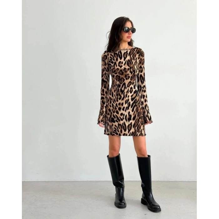 MARSiLYAN- Kadın Uzun Kollu Sırtı Açık Bağlamalı Leopar Desenli Kısa Dalgıç Elbise