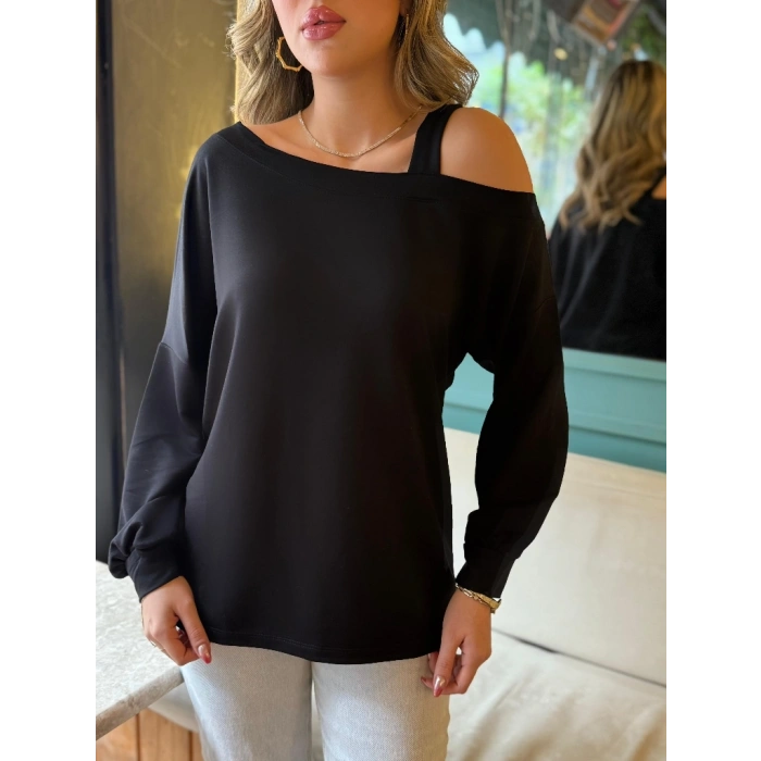 MARSiLYAN- Kadın Uzun Kollu Tek Omuz Askı Detay Salaş Viskon Iki Iplik Bluz