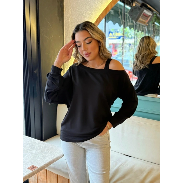 MARSiLYAN- Kadın Uzun Kollu Tek Omuz Askı Detay Salaş Viskon Iki Iplik Bluz