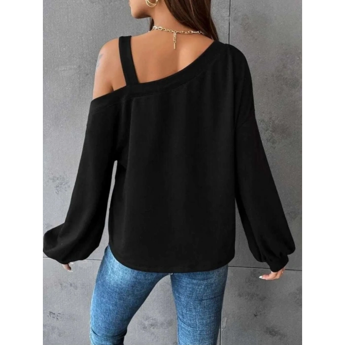 MARSiLYAN- Kadın Uzun Kollu Tek Omuz Askı Detay Salaş Viskon Iki Iplik Bluz