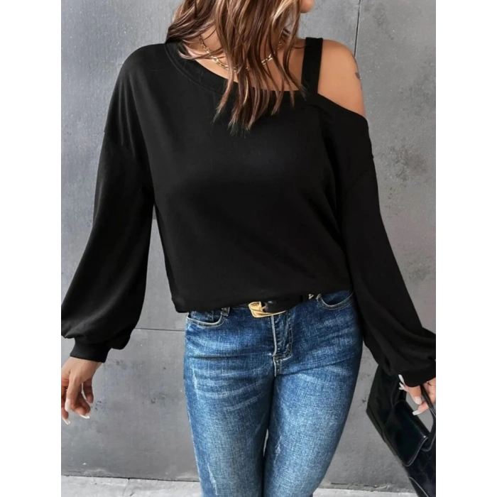 MARSiLYAN- Kadın Uzun Kollu Tek Omuz Askı Detay Salaş Viskon Iki Iplik Bluz