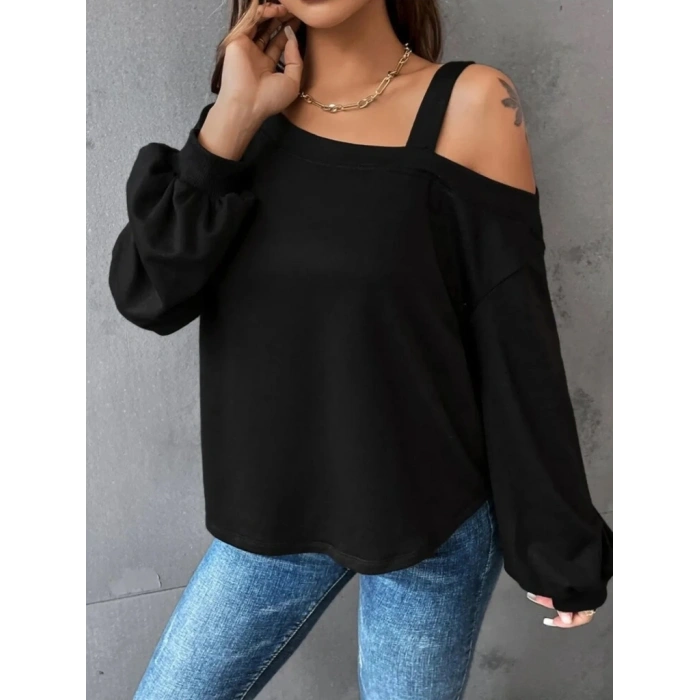 MARSiLYAN- Kadın Uzun Kollu Tek Omuz Askı Detay Salaş Viskon Iki Iplik Bluz