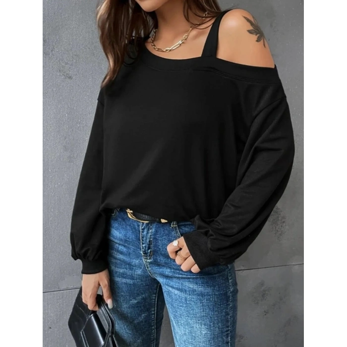 MARSiLYAN- Kadın Uzun Kollu Tek Omuz Askı Detay Salaş Viskon Iki Iplik Bluz