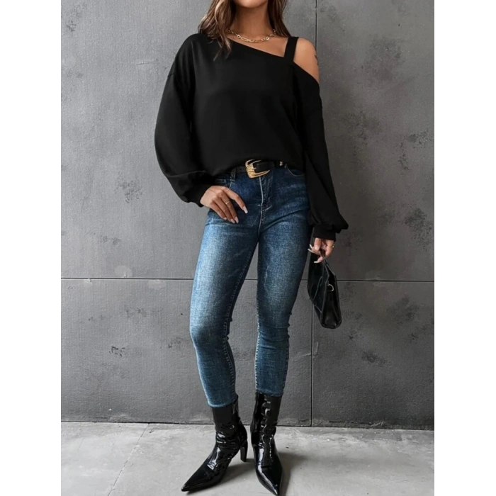 MARSiLYAN- Kadın Uzun Kollu Tek Omuz Askı Detay Salaş Viskon Iki Iplik Bluz