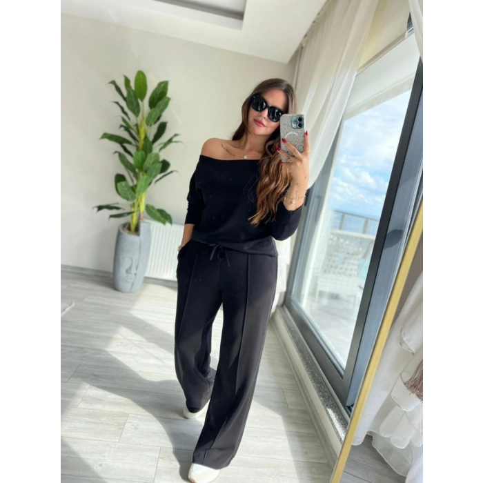 MARSiLYAN- Kadın Uzun Kollu Tek Omuzdan Açık Modal Bluz Ve Pantolon Ikili Takım