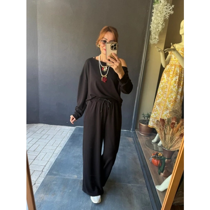 MARSiLYAN- Kadın Uzun Kollu Tek Omuzdan Açık Viskon Iki Iplik Bluz Ve Pantolon Ikili Takım