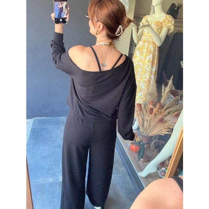 MARSiLYAN- Kadın Uzun Kollu Tek Omuzdan Açık Viskon Iki Iplik Bluz Ve Pantolon Ikili Takım