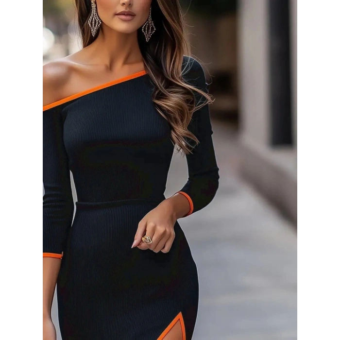 MARSiLYAN- Kadın Uzun Kollu Tek Omuzu Açık Yandan Yırtmaçlı Midi Kaşkorse Elbise