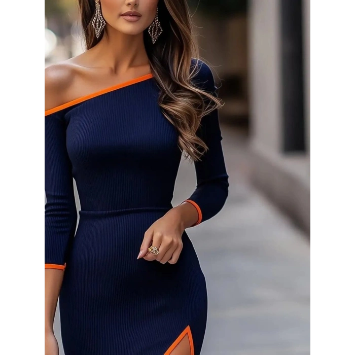 MARSiLYAN- Kadın Uzun Kollu Tek Omuzu Açık Yandan Yırtmaçlı Midi Kaşkorse Elbise