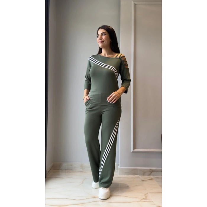 MARSiLYAN- Kadın Uzun Kollu Truvakar Kol Tek Omuz çapraz şerit Detaylı Ribanalı Viskon Iki Iplik Bluz Ve Pantolon Ikili Takım