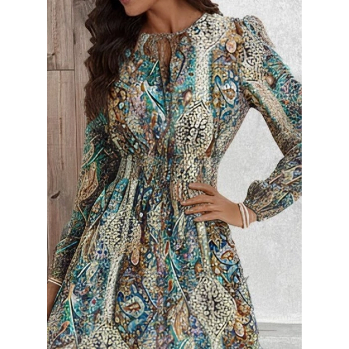 MARSiLYAN- Kadın Uzun Kollu Uakadabağcıklı Beli Lastikli Desenli Uzun Süprem Elbise