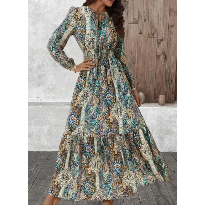 MARSiLYAN- Kadın Uzun Kollu Uakadabağcıklı Beli Lastikli Desenli Uzun Süprem Elbise