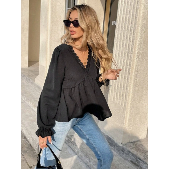 MARSiLYAN- Kadın Uzun Kollu V Dantel Yaka Aerobin Bluz