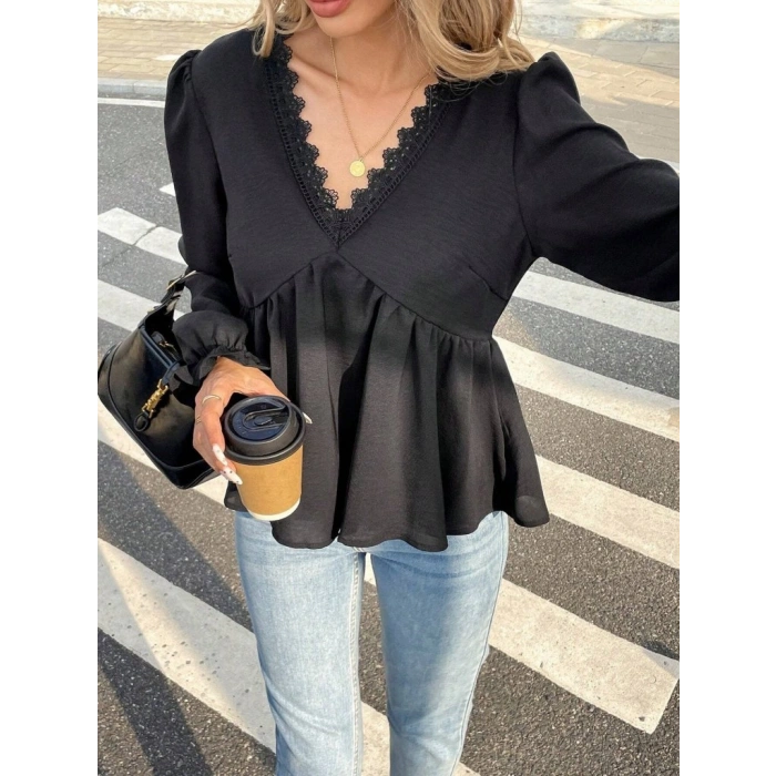 MARSiLYAN- Kadın Uzun Kollu V Dantel Yaka Aerobin Bluz