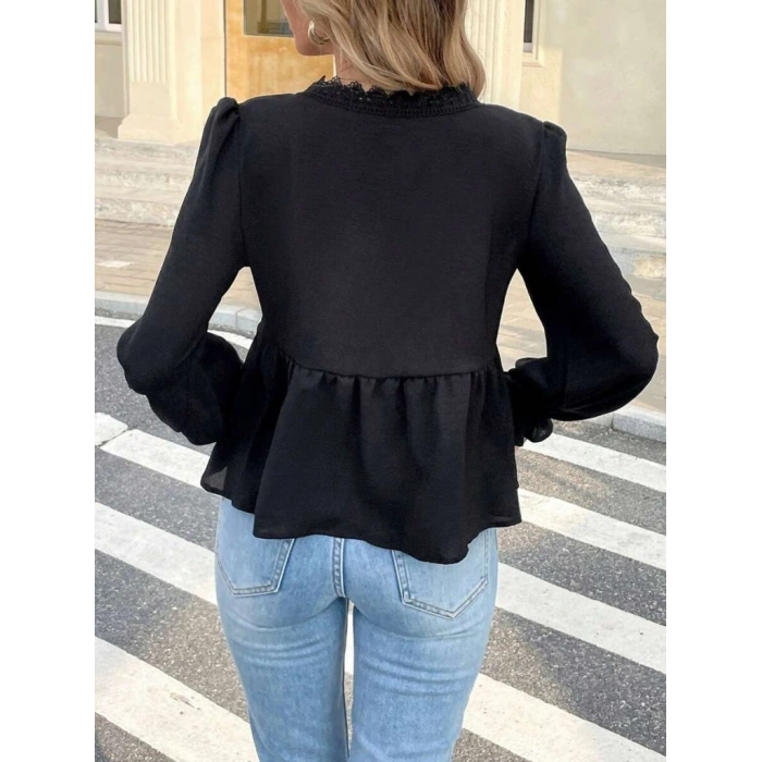 MARSiLYAN- Kadın Uzun Kollu V Dantel Yaka Aerobin Bluz