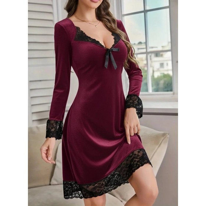 MARSiLYAN- Kadın Uzun Kollu V Dantel Yakalı Mini Kadife Elbise