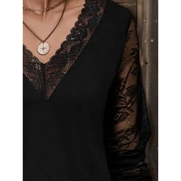 MARSiLYAN- Kadın Uzun Kollu V Dantel Yakalı Viskon Bluz