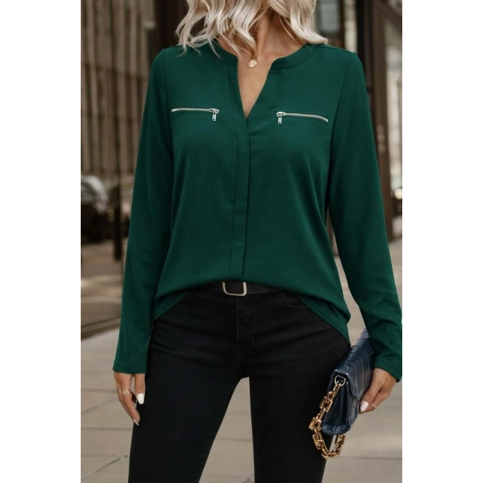 MARSiLYAN- Kadın Uzun Kollu V Hakim Yaka Fermuar Detaylı Viskon Bluz