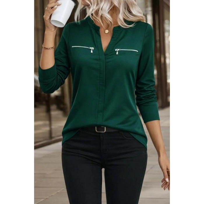 MARSiLYAN- Kadın Uzun Kollu V Hakim Yaka Fermuar Detaylı Viskon Bluz