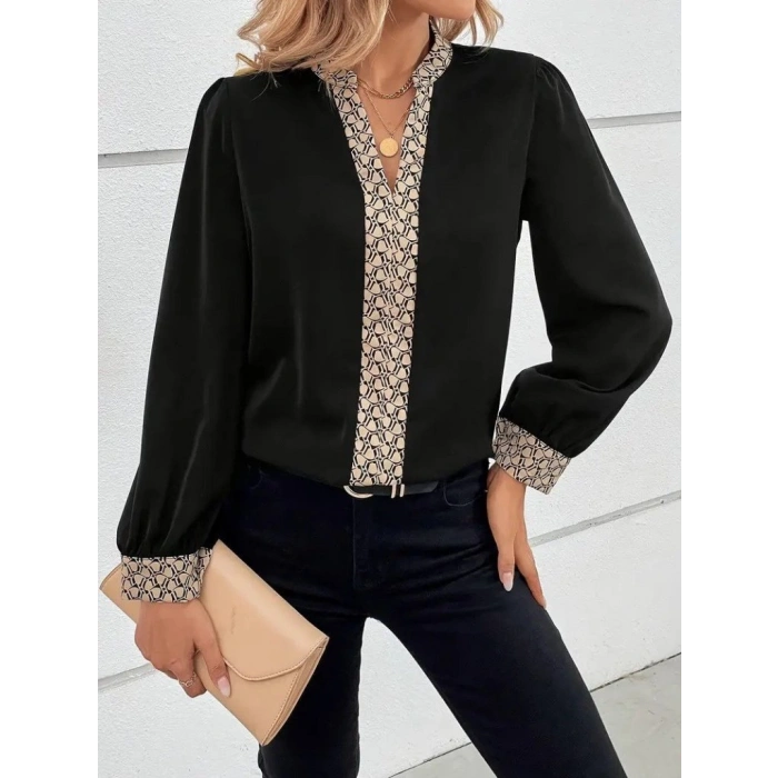 MARSiLYAN- Kadın Uzun Kollu V Hakim Yakalı Desenli Ithal Krep Bluz