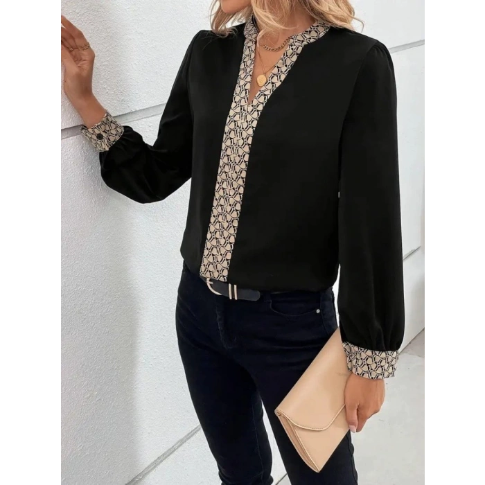 MARSiLYAN- Kadın Uzun Kollu V Hakim Yakalı Desenli Ithal Krep Bluz