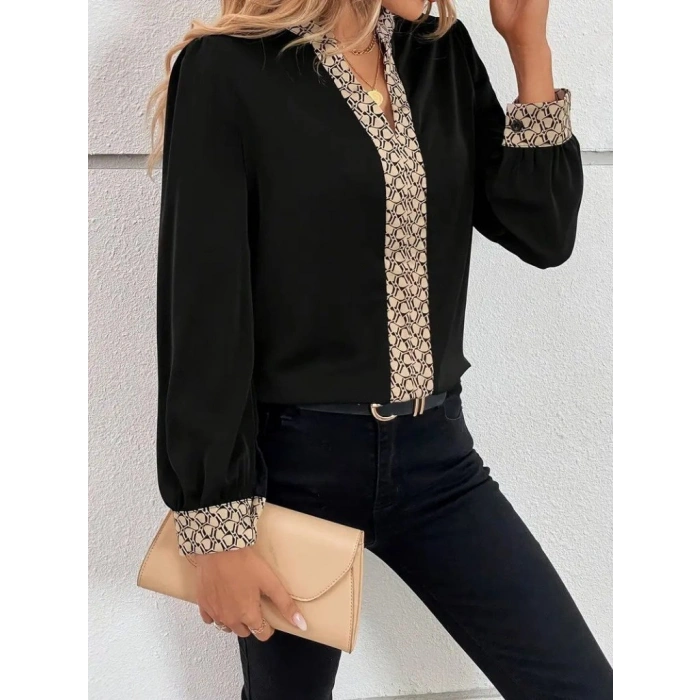MARSiLYAN- Kadın Uzun Kollu V Hakim Yakalı Desenli Ithal Krep Bluz