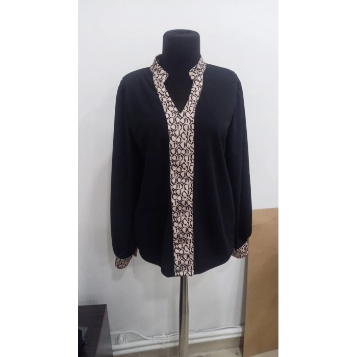 MARSiLYAN- Kadın Uzun Kollu V Hakim Yakalı Desenli Ithal Krep Bluz