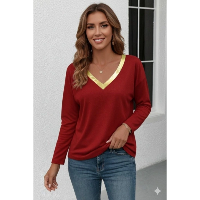 MARSiLYAN- Kadın Uzun Kollu V Parlak Yaka Detaylı Viskon Bluz