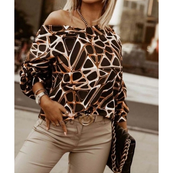 MARSiLYAN- Kadın Uzun Kollu V Yaka Düşük Omuz Geometrik Desen şardonlu Dalgıç Bluz