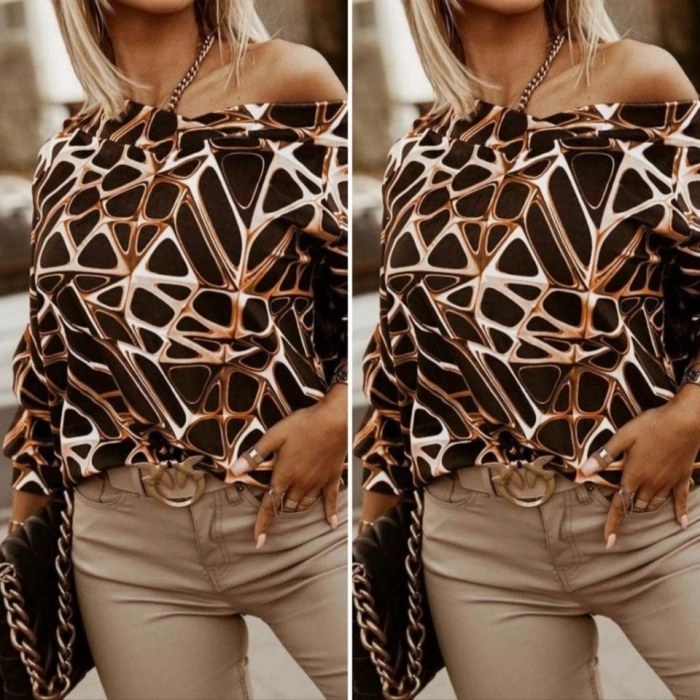 MARSiLYAN- Kadın Uzun Kollu V Yaka Düşük Omuz Geometrik Desen şardonlu Dalgıç Bluz