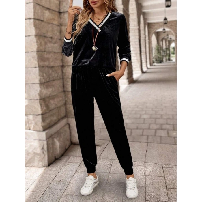 MARSiLYAN- Kadın Uzun Kollu V Yaka Kadife Bluz Ve Pantolon Ikili Takım