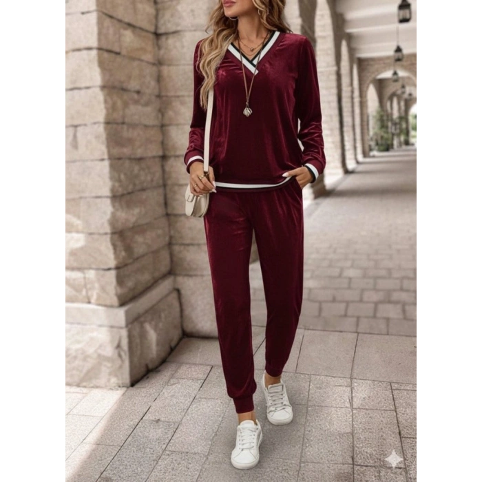 MARSiLYAN- Kadın Uzun Kollu V Yaka Kadife Bluz Ve Pantolon Ikili Takım