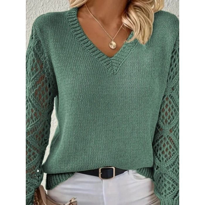 MARSiLYAN- Kadın Uzun Kollu V Yaka Kol Delikli Baklava Desen Detaylı Triko Kazak