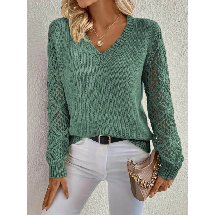 MARSiLYAN- Kadın Uzun Kollu V Yaka Kol Delikli Baklava Desen Detaylı Triko Kazak