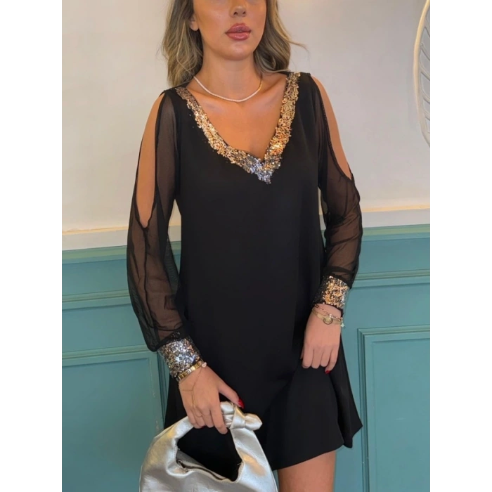 MARSiLYAN- Kadın Uzun Kollu V Yaka Kollar Tül Yırtmaç Detay Kol Manşetleri Ve Yaka Payet Krep Elbise