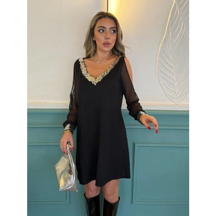 MARSiLYAN- Kadın Uzun Kollu V Yaka Kollar Tül Yırtmaç Detay Kol Manşetleri Ve Yaka Payet Krep Elbise