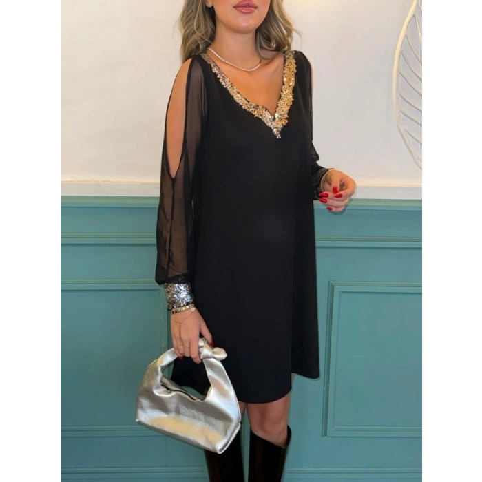 MARSiLYAN- Kadın Uzun Kollu V Yaka Kollar Tül Yırtmaç Detay Kol Manşetleri Ve Yaka Payet Krep Elbise